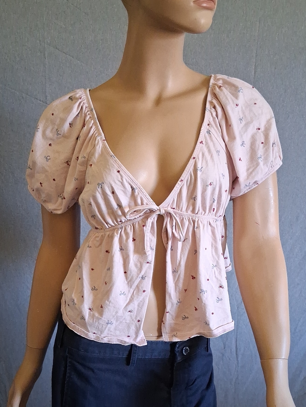 Pink Republic Pale Pink Tie-Front Puff Sleeve Blouse